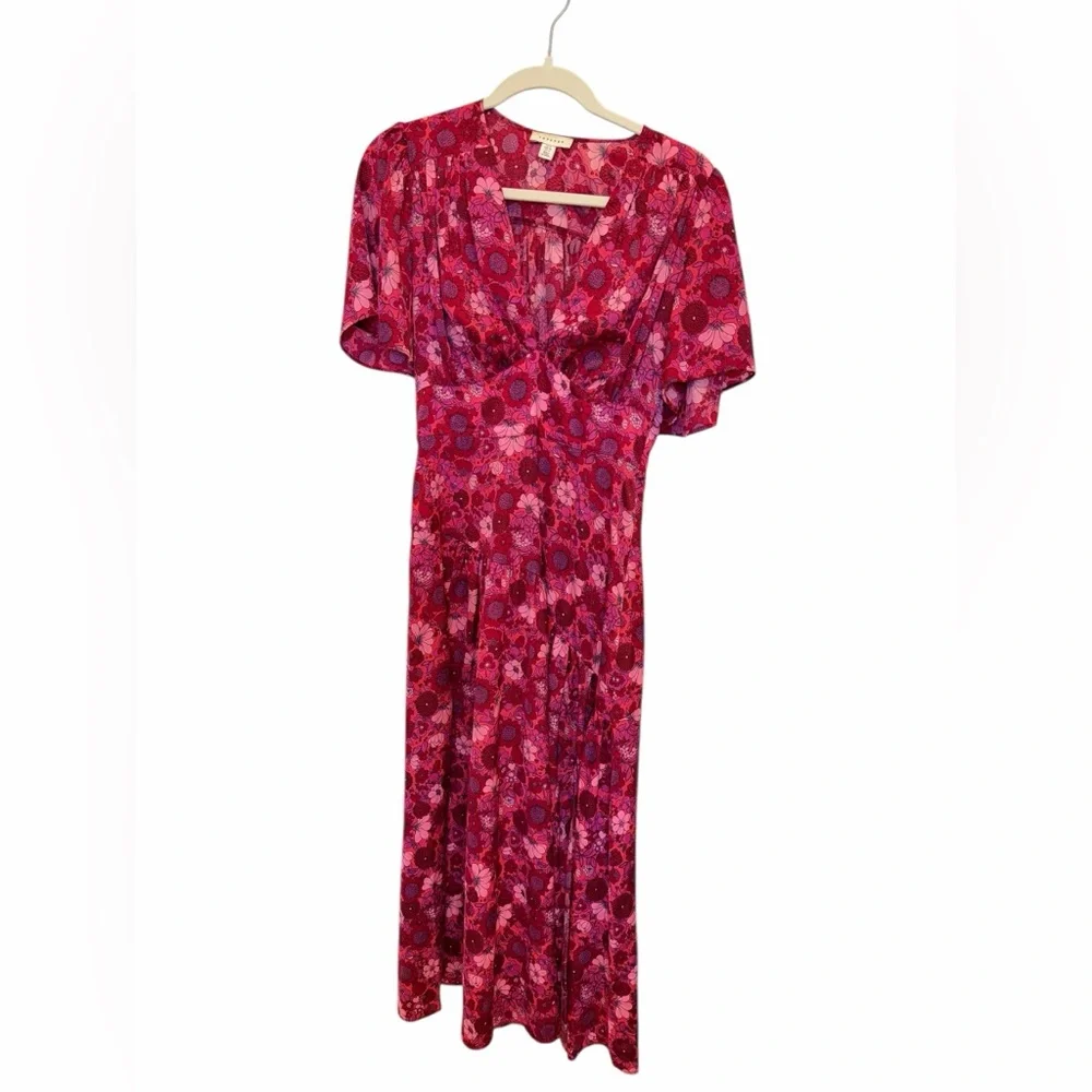 Topshop Willow Pink Floral Angel Sleeve Midi Dress US 4 UK 8 - Picture 3 of 9